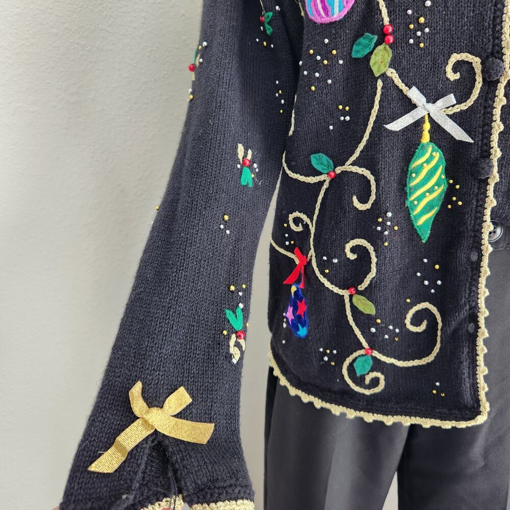 Vintage Studio Joy Black Holiday Christmas Knit Cardigan Sweater Ornaments S - Picture 4 of 10